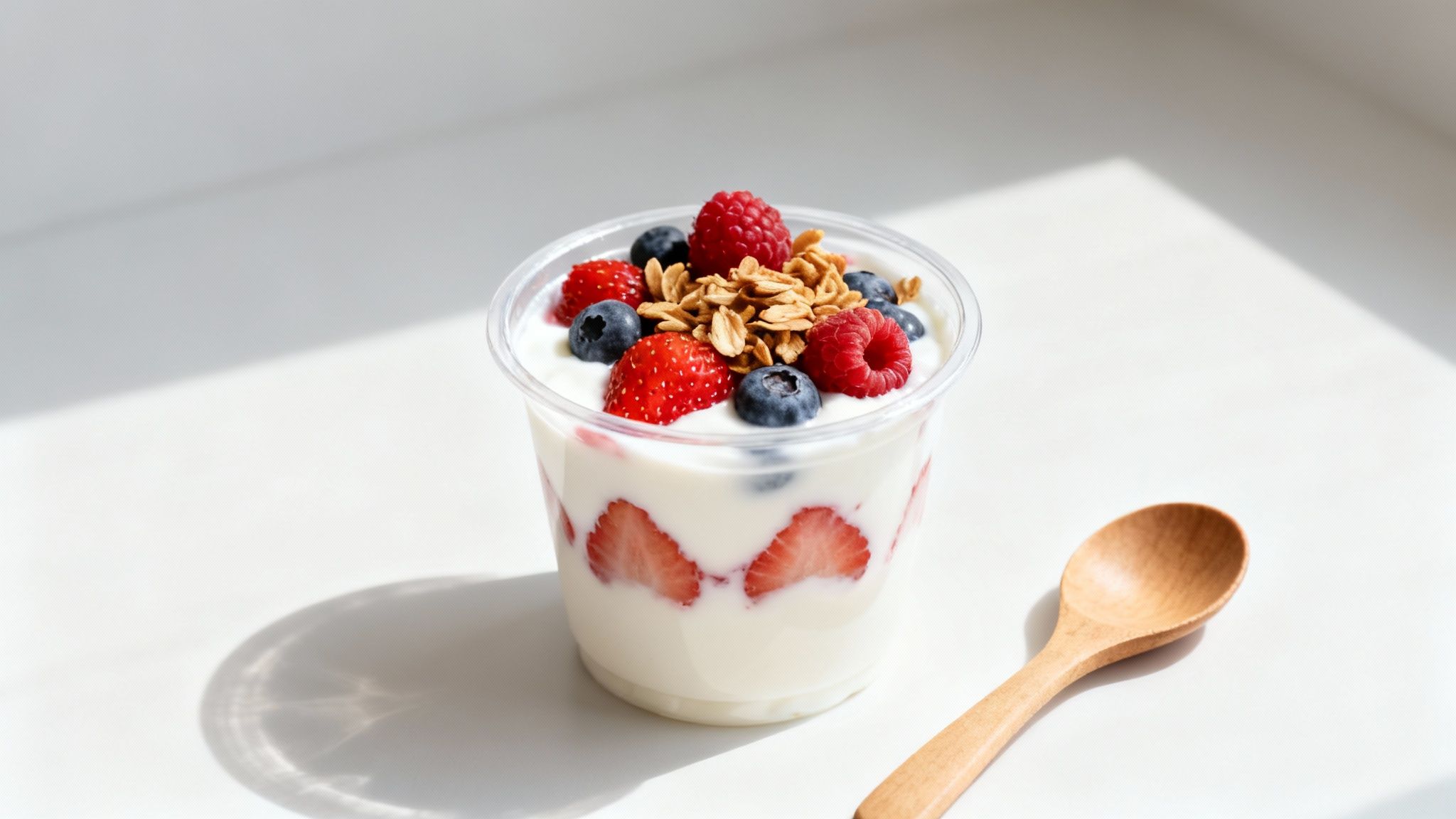 Healthy yogurt parfait layered with strawberries, blueberries, raspberries, and granola, next to a wooden spoon.