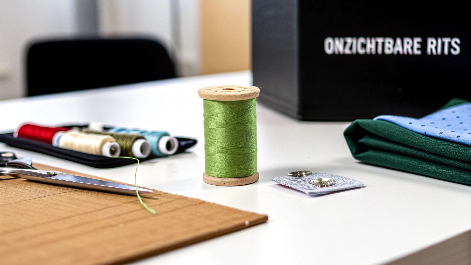 Een blinde rits en naaigaren klaarliggend op een stuk stof