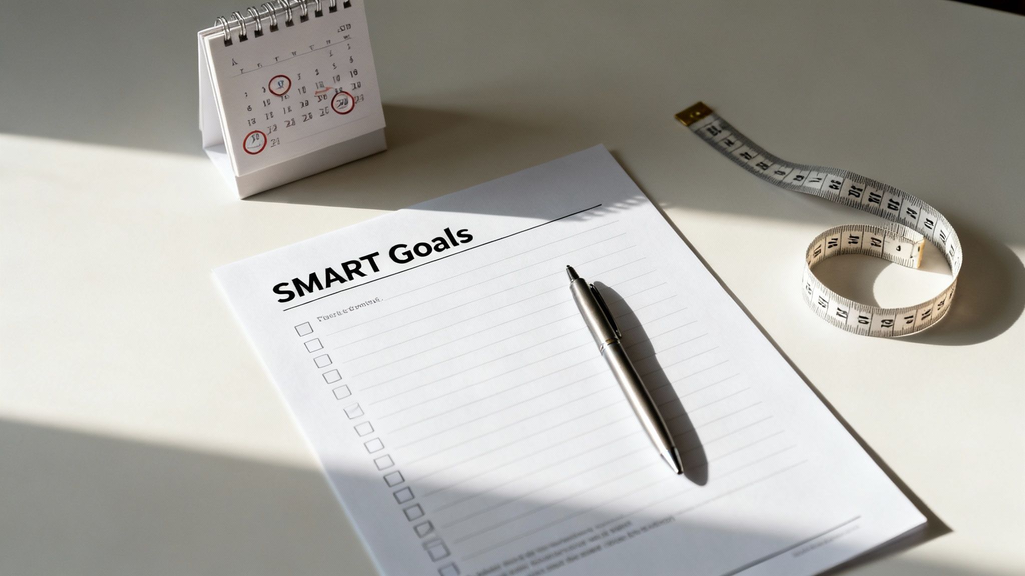 A 'SMART Goals' worksheet, pen, desk calendar, and measuring tape on a white table.