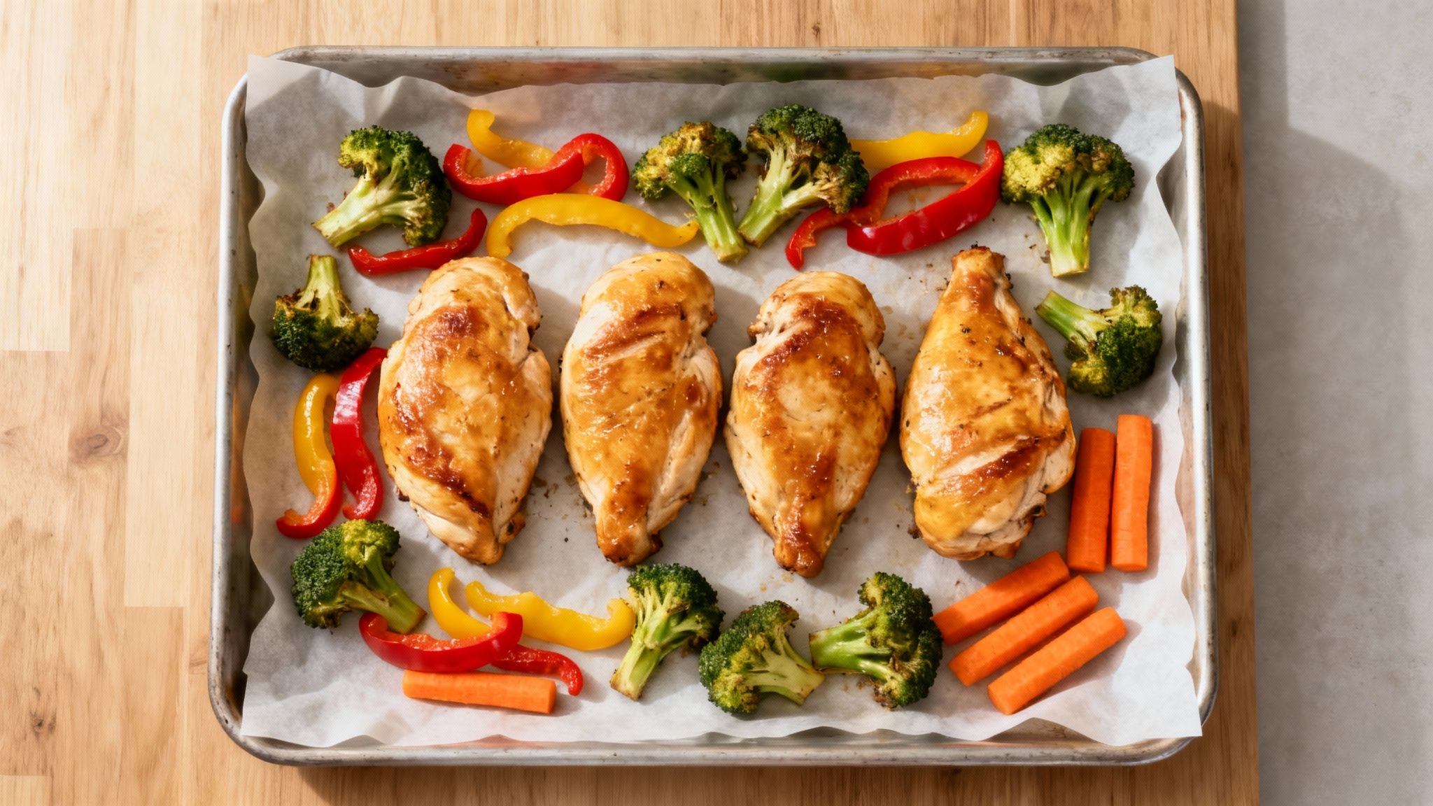 A sheet pan meal with four glazed chicken breasts, roasted broccoli, bell peppers, and carrots.