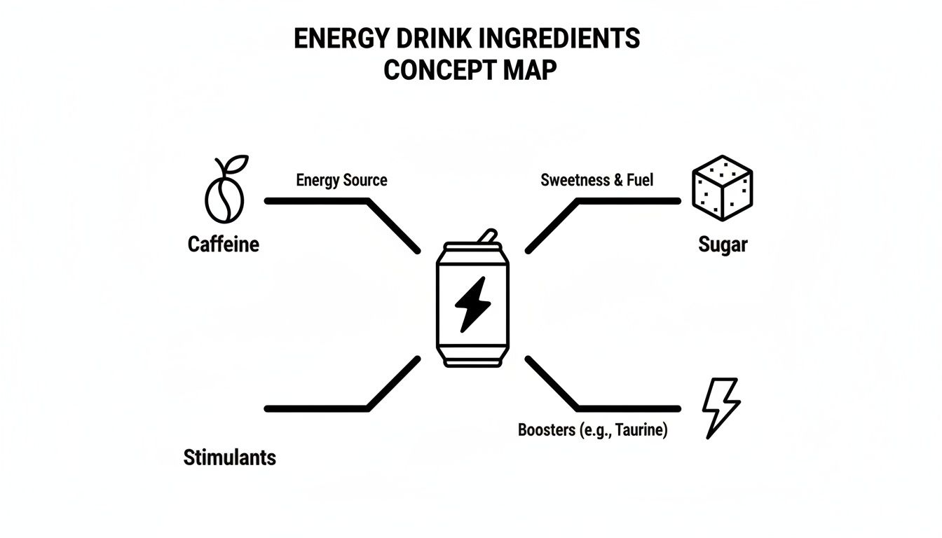 Concept map showing energy drink ingredients like caffeine, sugar, stimulants, and boosters.
