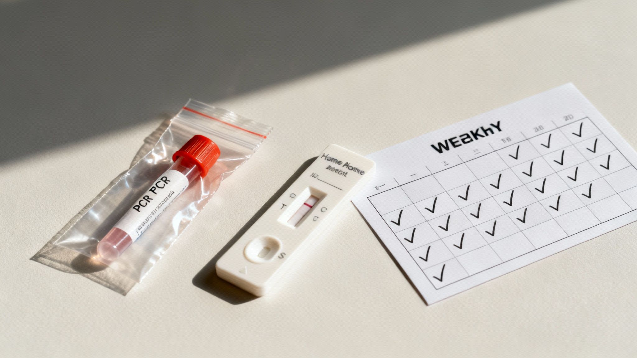 A PCR test tube, a positive COVID-19 rapid antigen test, and a weekly checklist with checkmarks.