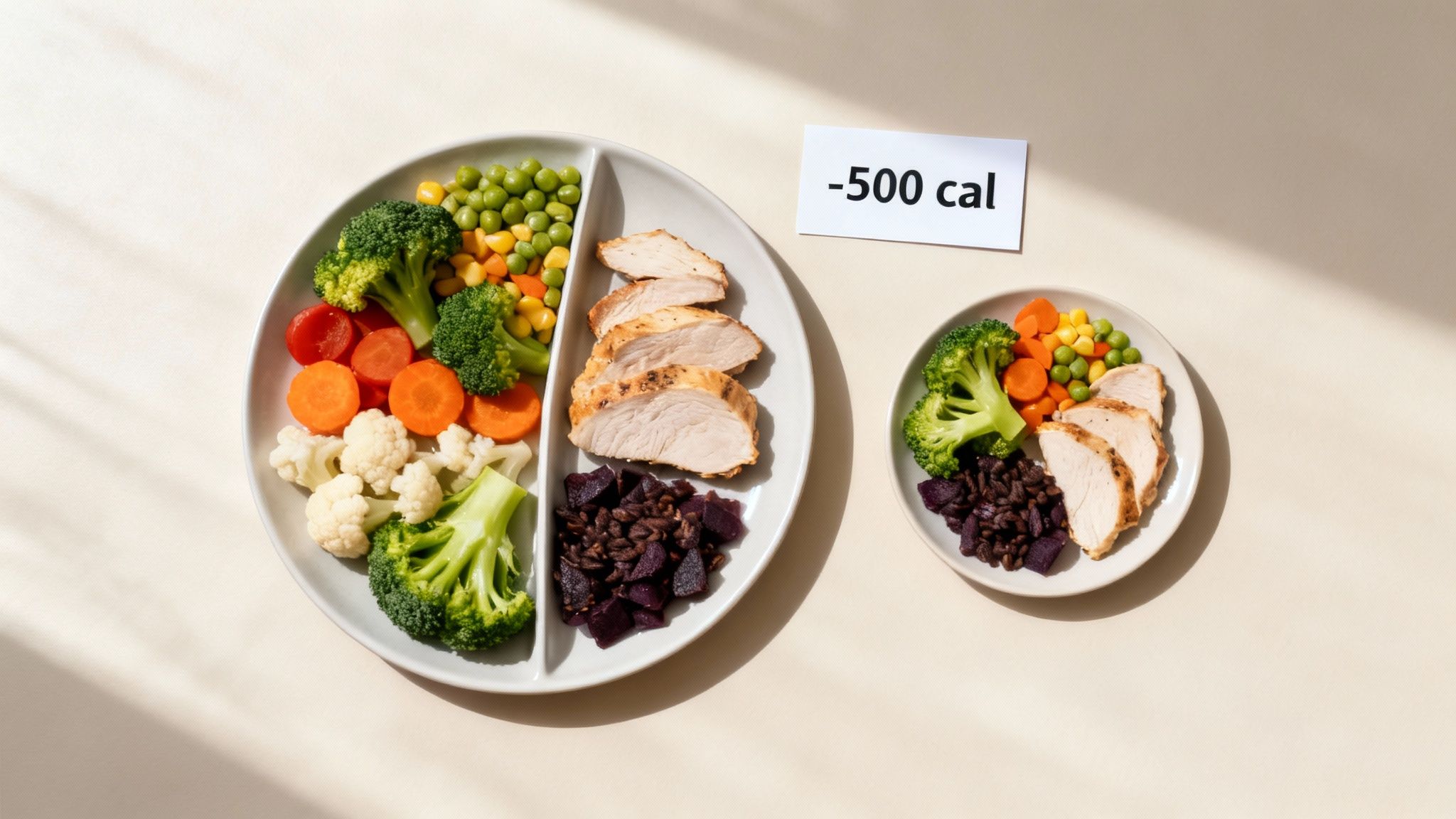 Two plates of healthy meals, one showing a 500-calorie reduction for weight loss.