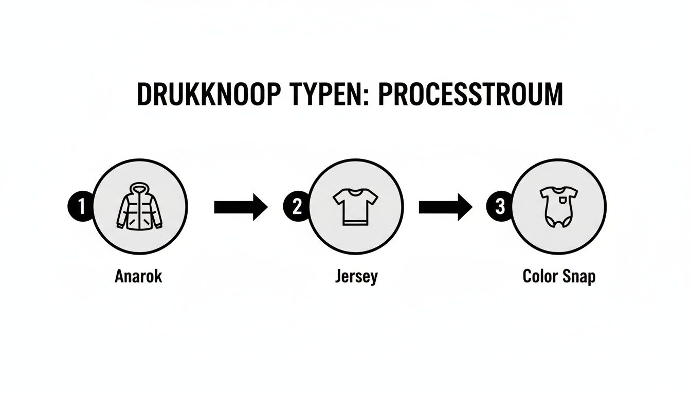 Dit is een processtroomdiagram dat drie typen drukknopen illustreert: Anorak, Jersey en Color Snap, elk met een bijbehorend kledingstuk.