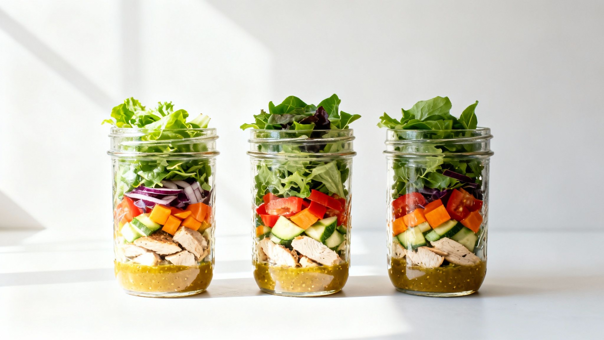Three layered chicken and vegetable salads in mason jars for healthy meal prep.
