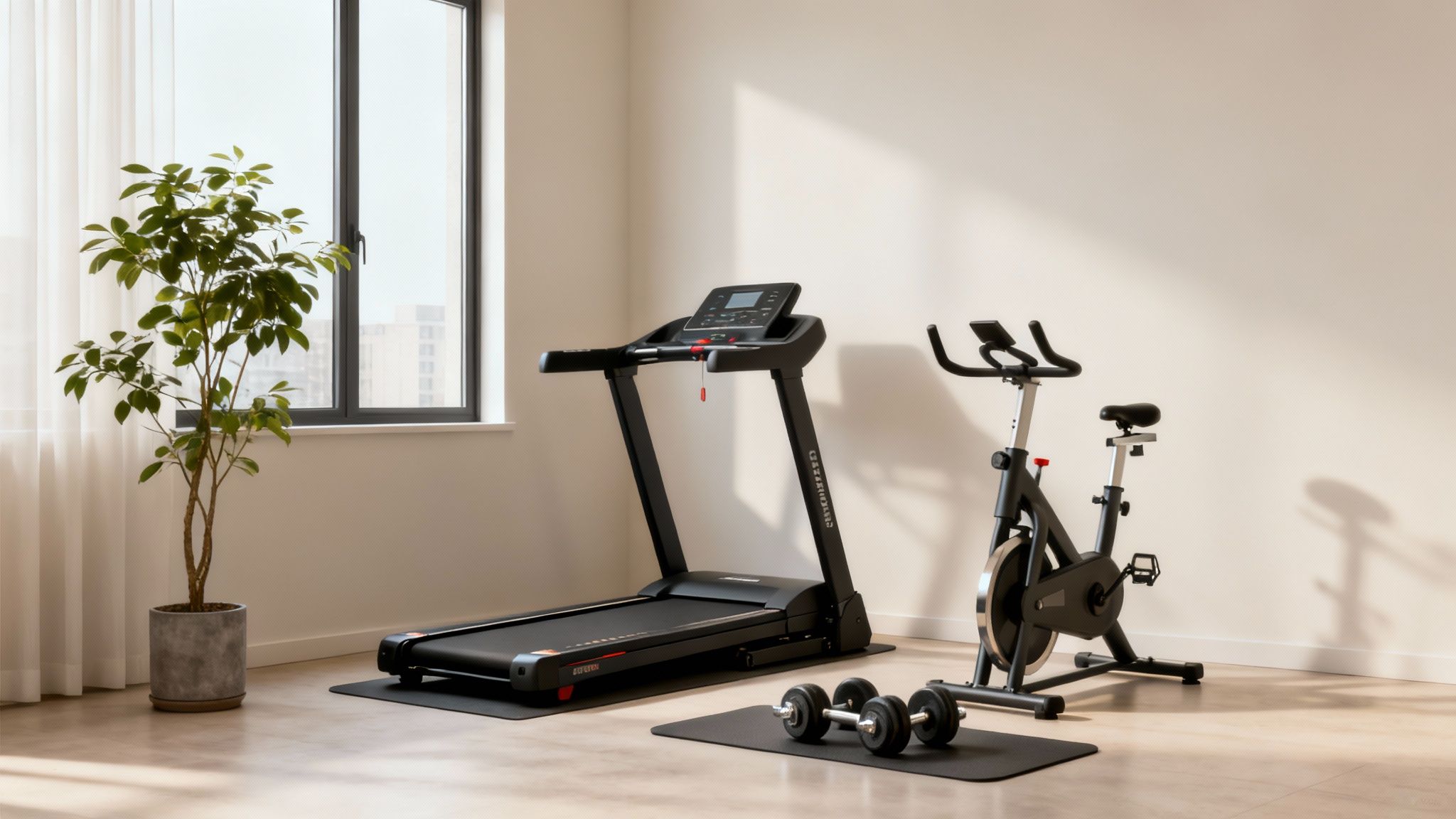 A home gym setup featuring a black treadmill, a spin bike, and dumbbells on mats in a bright room.