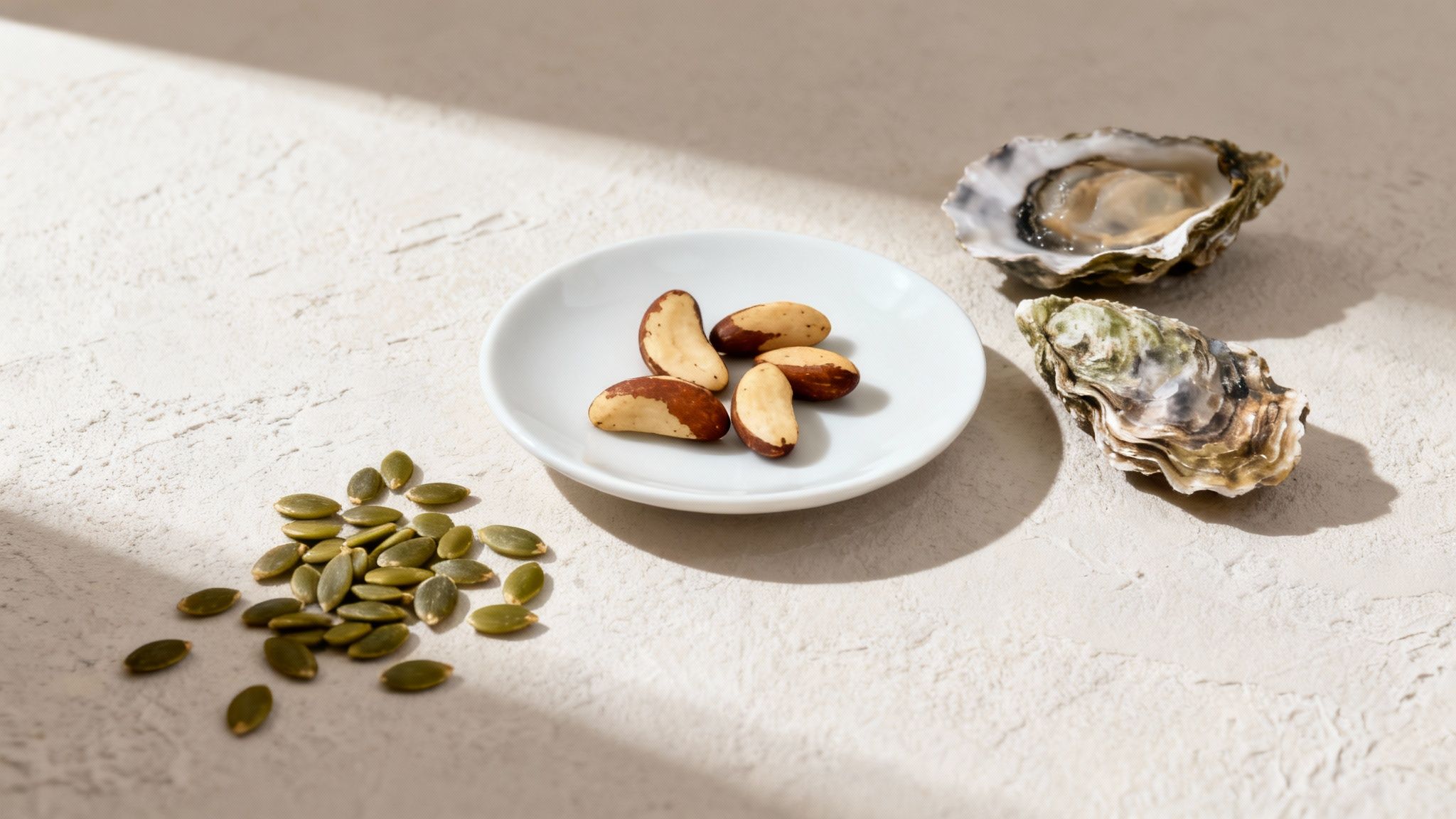 A selection of immune-boosting foods, including Brazil nuts, pumpkin seeds, and fresh oysters.