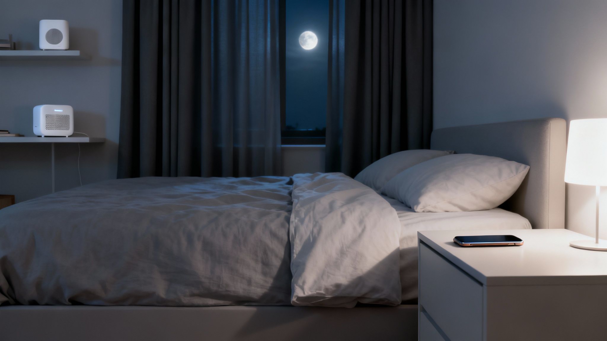 A calm bedroom scene at night with a full moon visible through the window and soft lighting.