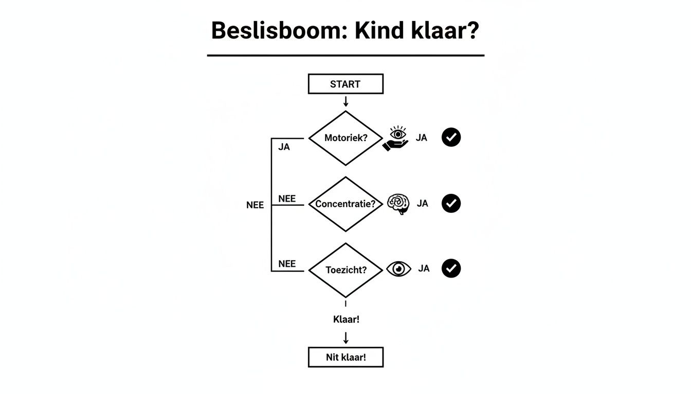 Beslisboom die beoordeelt of een kind klaar is op basis van motoriek, concentratie en toezicht.
