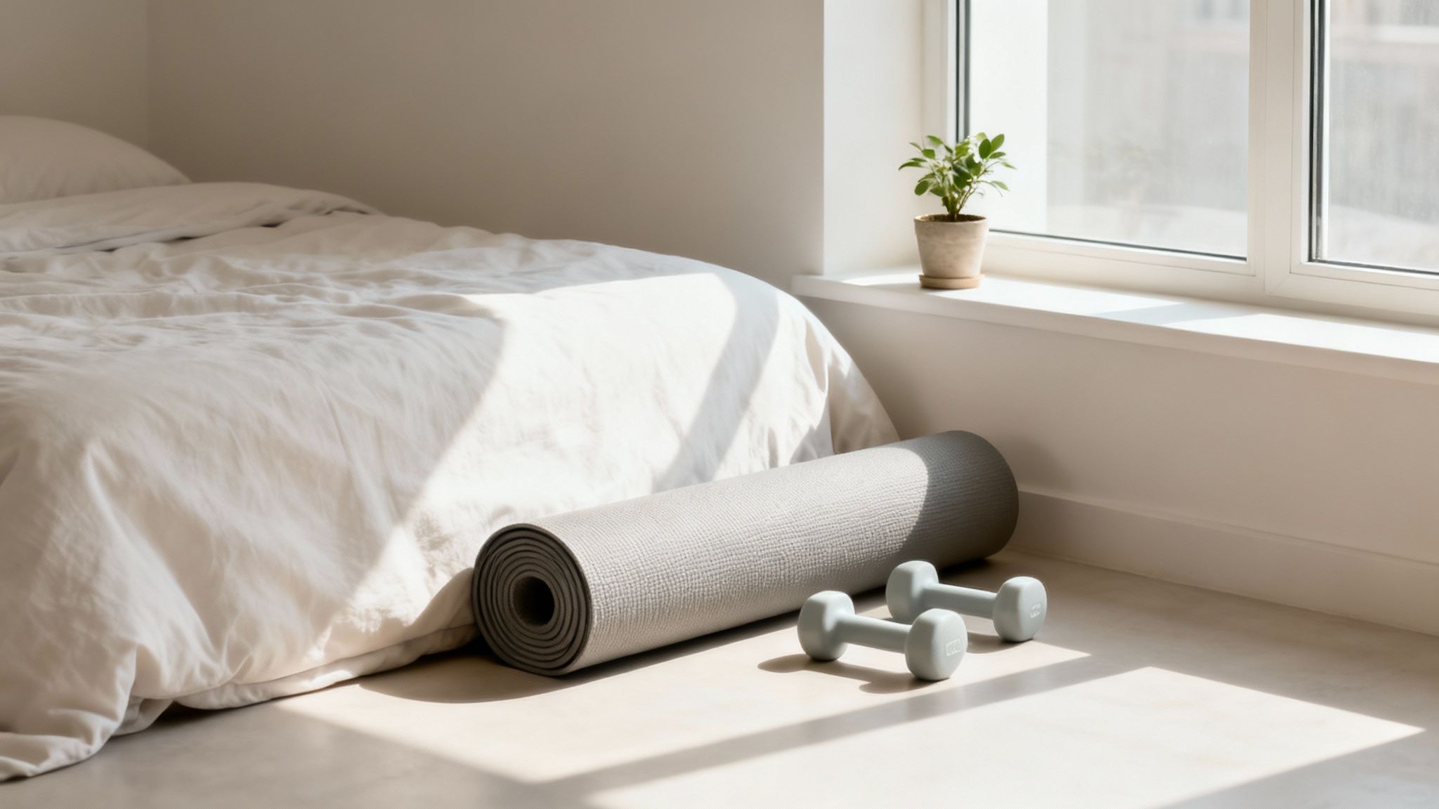 A bright bedroom scene with a bed, a yoga mat, dumbbells, and a potted plant by a window.
