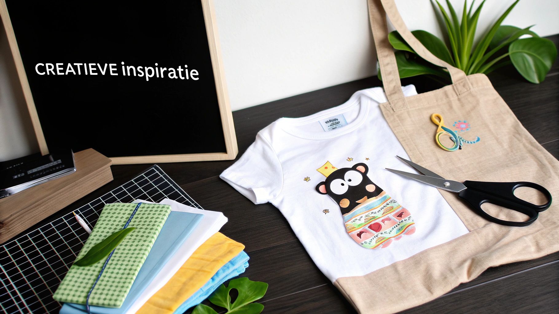 Overzicht van materialen voor creatieve applicaties op kleding, inclusief een babyromper en diverse stoffen.