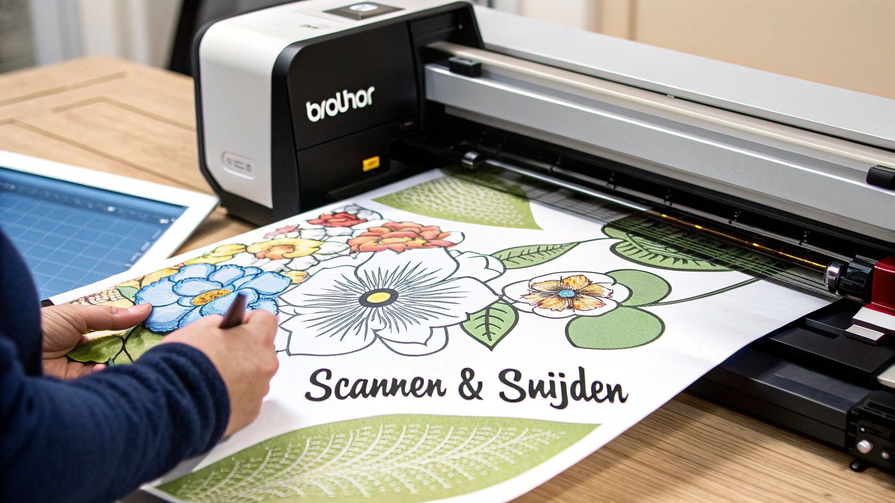 Een persoon kleurt een bloemenontwerp op papier dat wordt ingevoerd in een Brother ScanNCut machine voor verwerking.