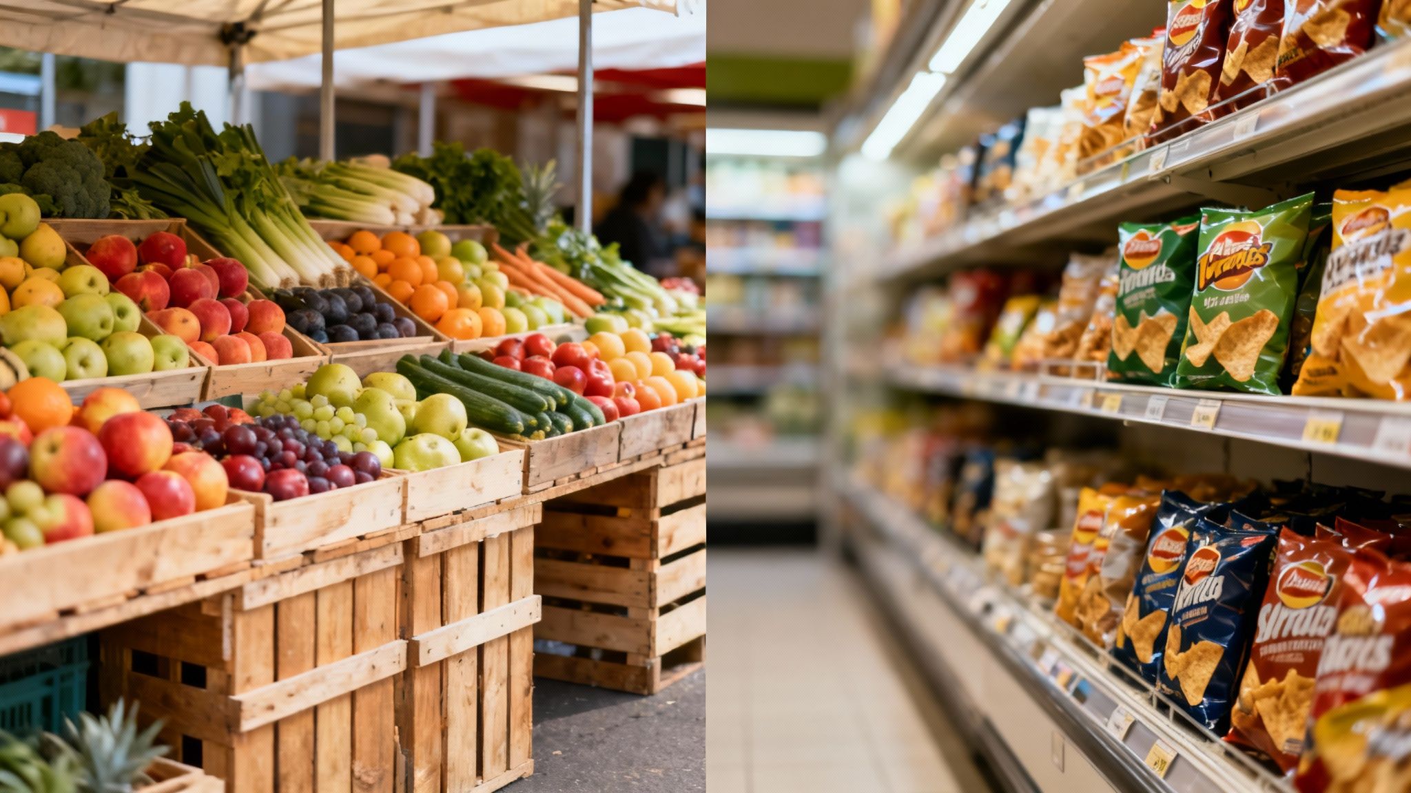 A split image contrasting a vibrant outdoor market with fresh produce and a supermarket aisle filled with packaged snacks.