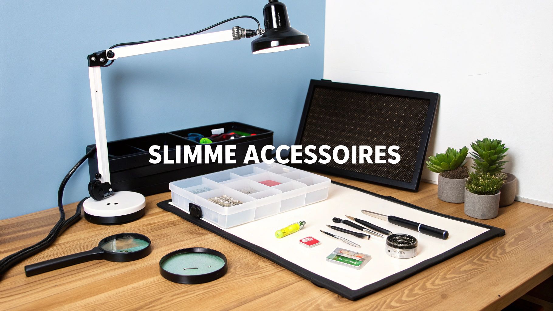 Slimme bureau accessoires voor hobbywerkzaamheden met daglicht lamp, vergrootglas en organizer op houten bureau
