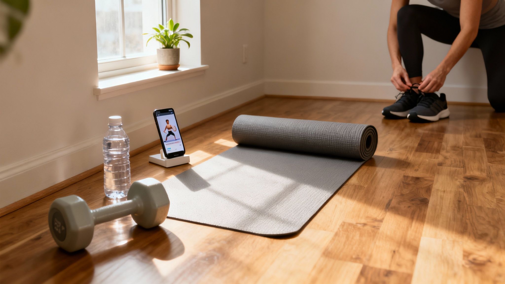 A person ties shoelaces, preparing for a home workout with a mat, dumbbell, water bottle, and smartphone.
