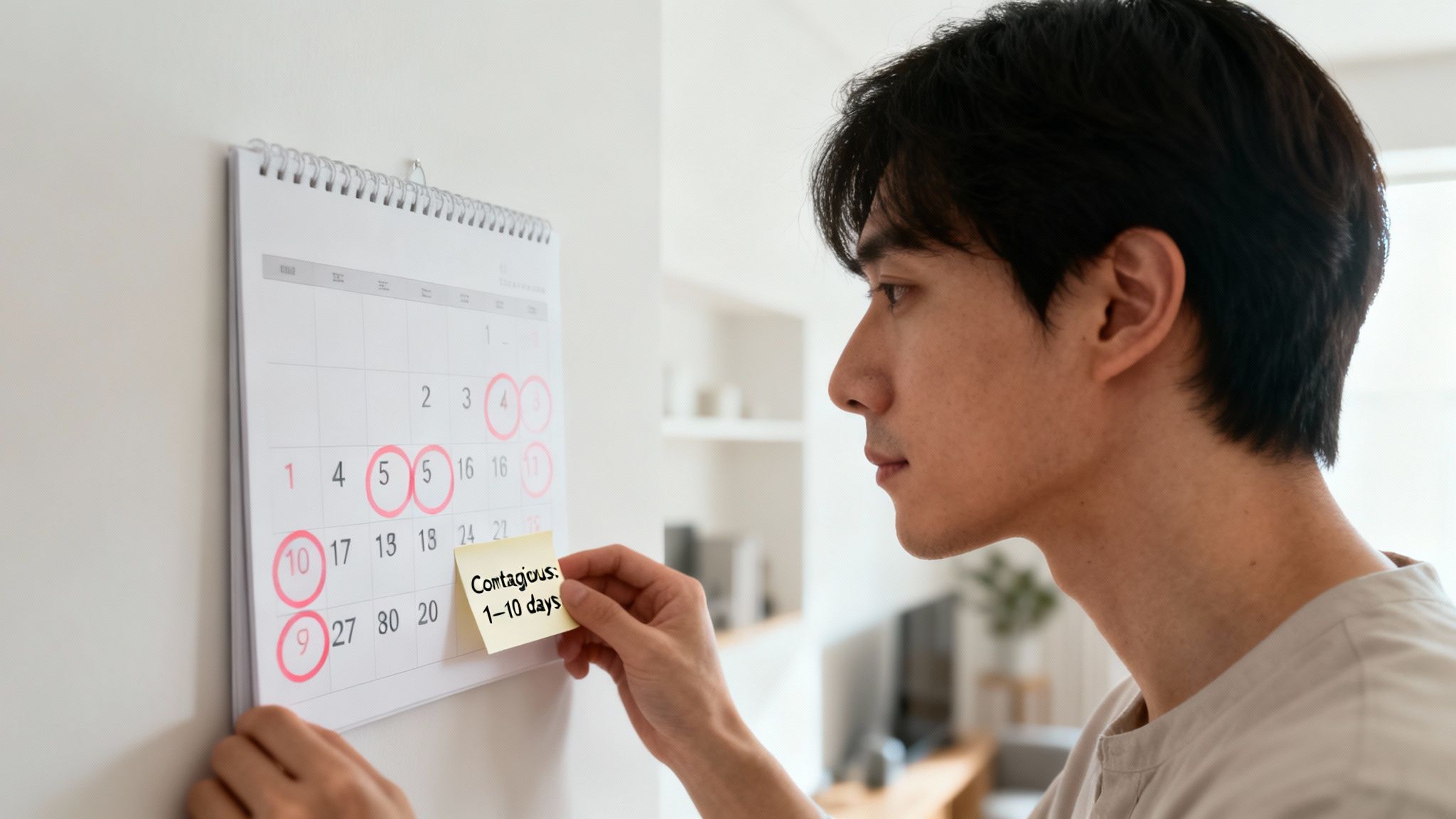 A young man looks intently at a wall calendar with circled dates and a sticky note.