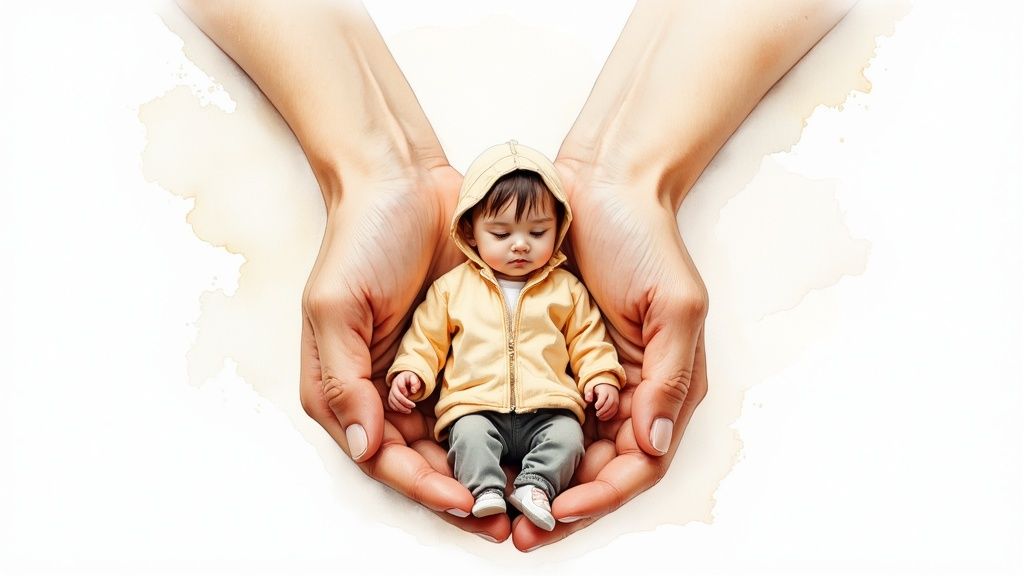 A tiny baby in a yellow hoodie sleeping peacefully in the gentle embrace of large adult hands.
