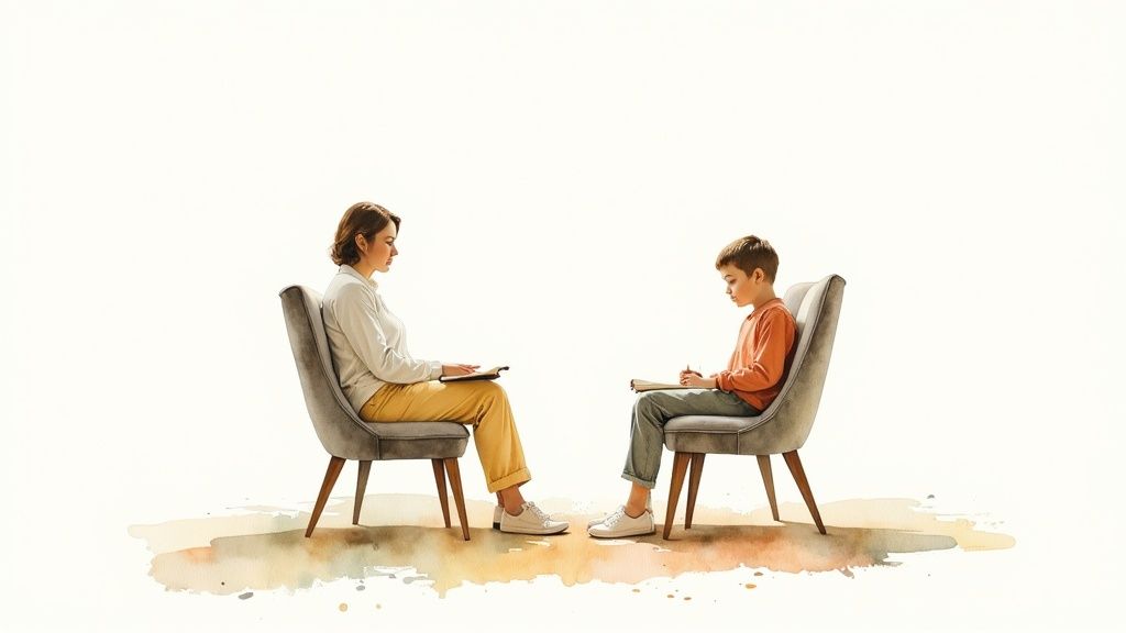 A woman and a young boy sit opposite each other in chairs, quietly engaged with their books.