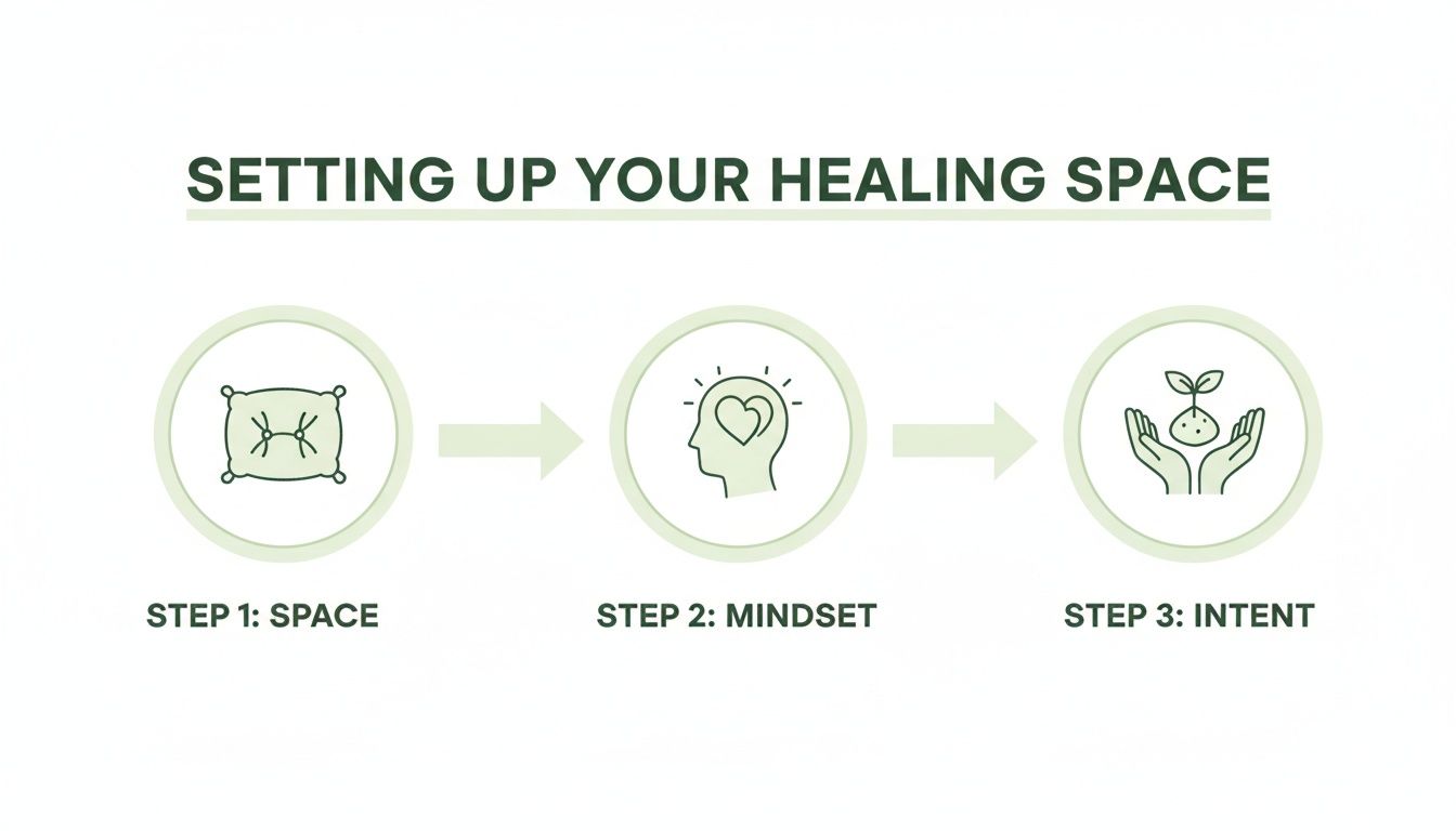 Flowchart illustrating three steps to set up a healing space: space, mindset, and intent.