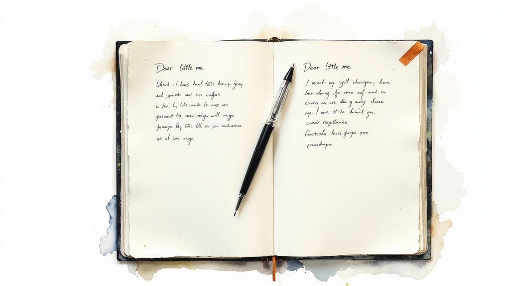 An open journal with handwritten letters titled 'Dear little me' and a pen resting on its spine.