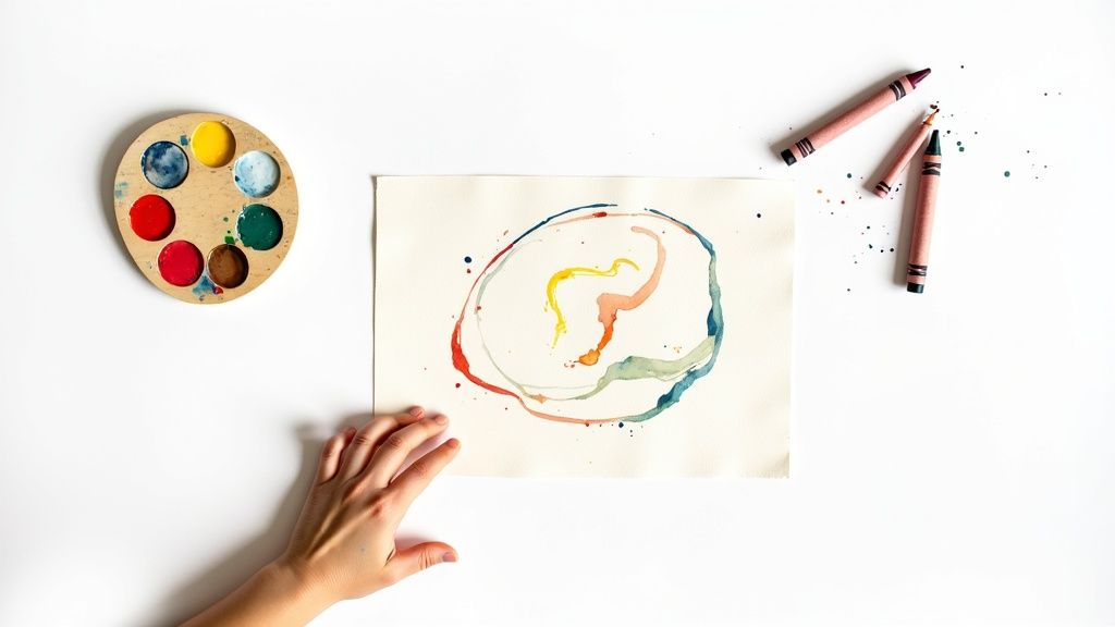 A hand reaches for a colorful watercolor painting with a palette and crayons nearby on a white surface.