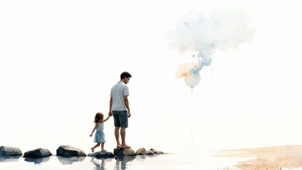 A father and child hold hands, stepping on rocks across water, with a whimsical watercolor cloud.