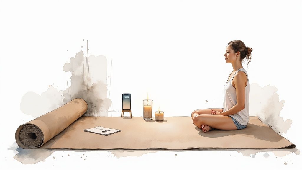A woman meditates on a yoga mat with lit candles and a smartphone, watercolor illustration.