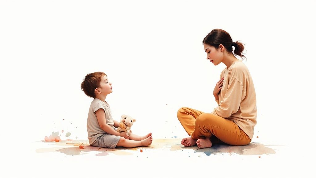 A child with a teddy bear and a woman sit facing each other, reflecting in inner child work.