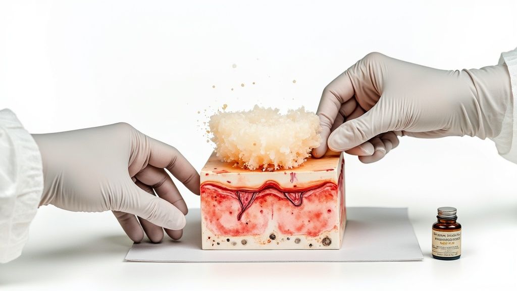 Gloved hands interact with a detailed anatomical skin model featuring a textured substance on top.