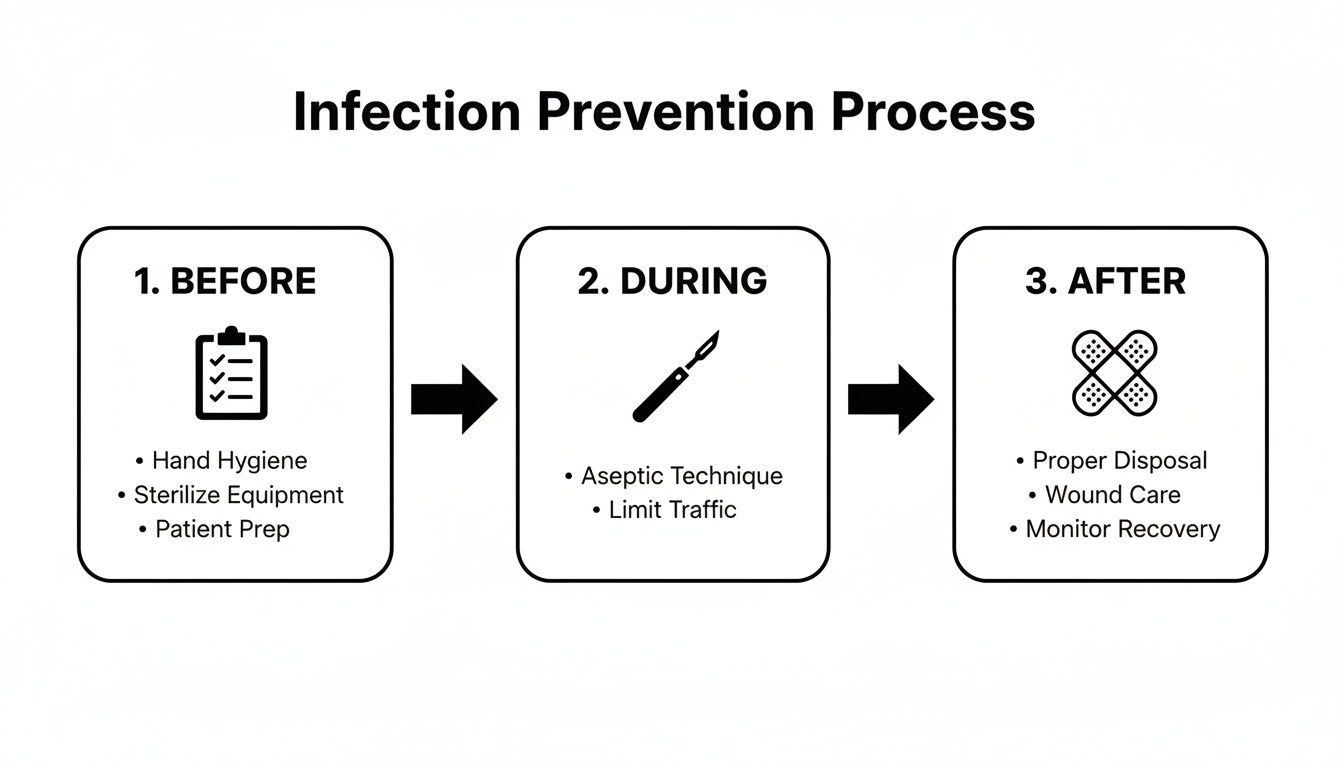 Flowchart detailing the infection prevention process, including steps before, during, and after medical procedures.