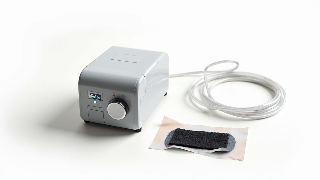 A gray negative pressure wound therapy (NPWT) device with a tube and a wound dressing on a white background.