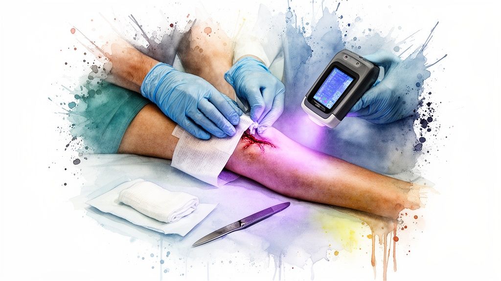 Hands in blue gloves treating a leg wound with gauze and a light-emitting medical device.