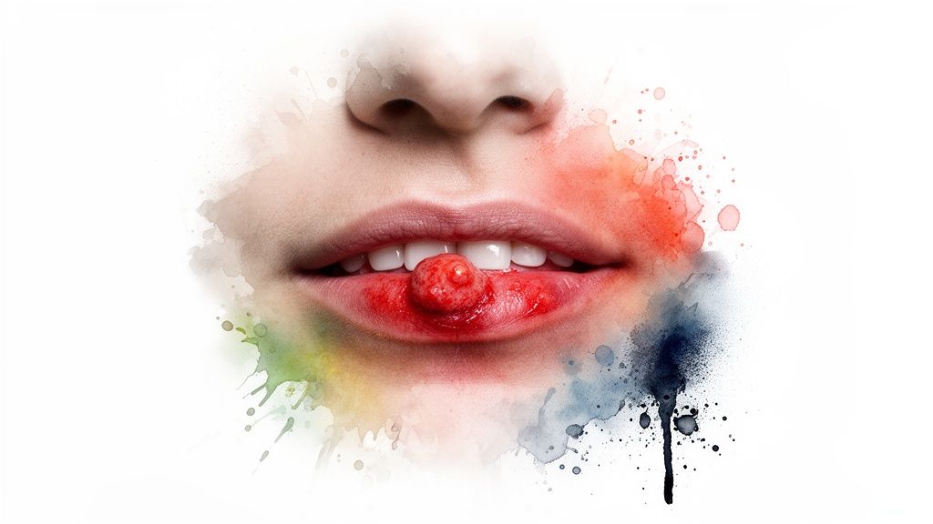 Close-up of a mouth with a red, painful-looking lesion on the lower lip, surrounded by colorful watercolor splashes.