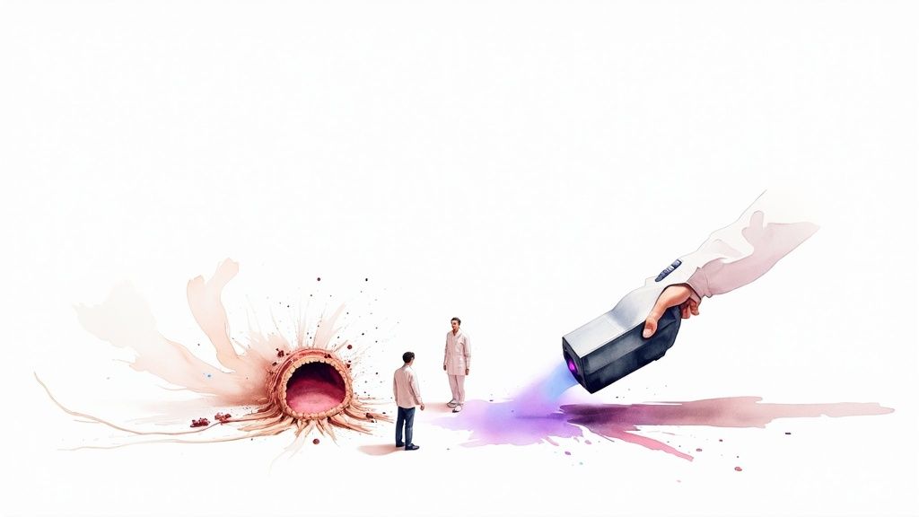 Watercolor illustration of medical professionals examining a large wound, with a device emitting purple light for debridement.