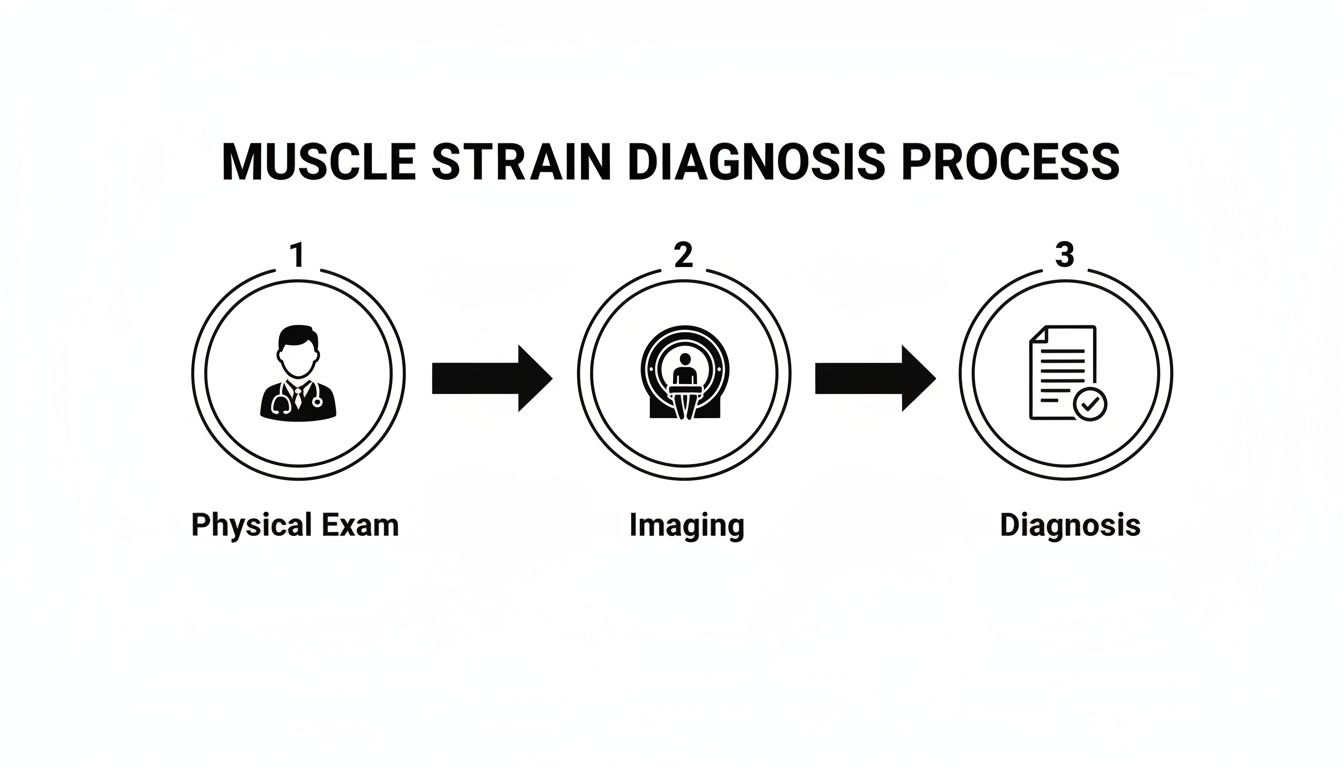 Diagram illustrating the three steps of the muscle strain diagnosis process: physical exam, imaging, and diagnosis.