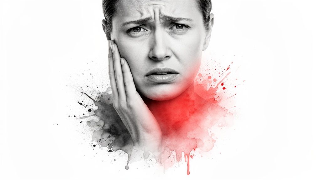 Black and white portrait of a woman experiencing severe tooth or jaw pain.