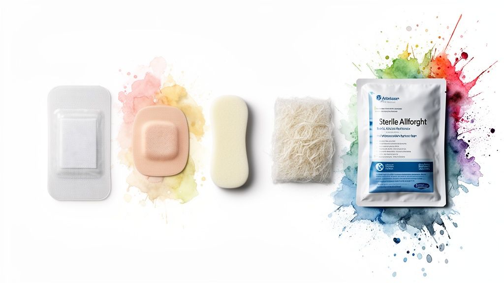 A variety of medical wound care products: patches, foam, fibrous material, and a sterile package.