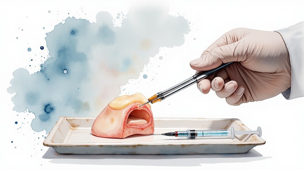 A gloved hand holds a medical instrument interacting with a biological tissue model on a tray.