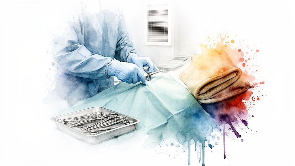 A surgeon in blue scrubs and gloves performs a procedure with instruments, surrounded by vibrant watercolor.