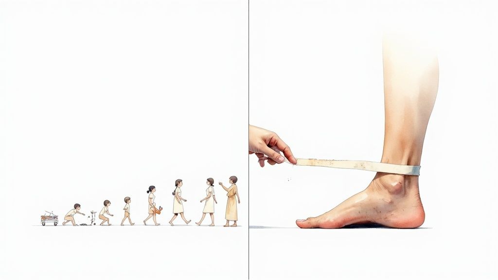A timeline of human growth on the left, contrasted with a hand tending to a foot wound on the right.