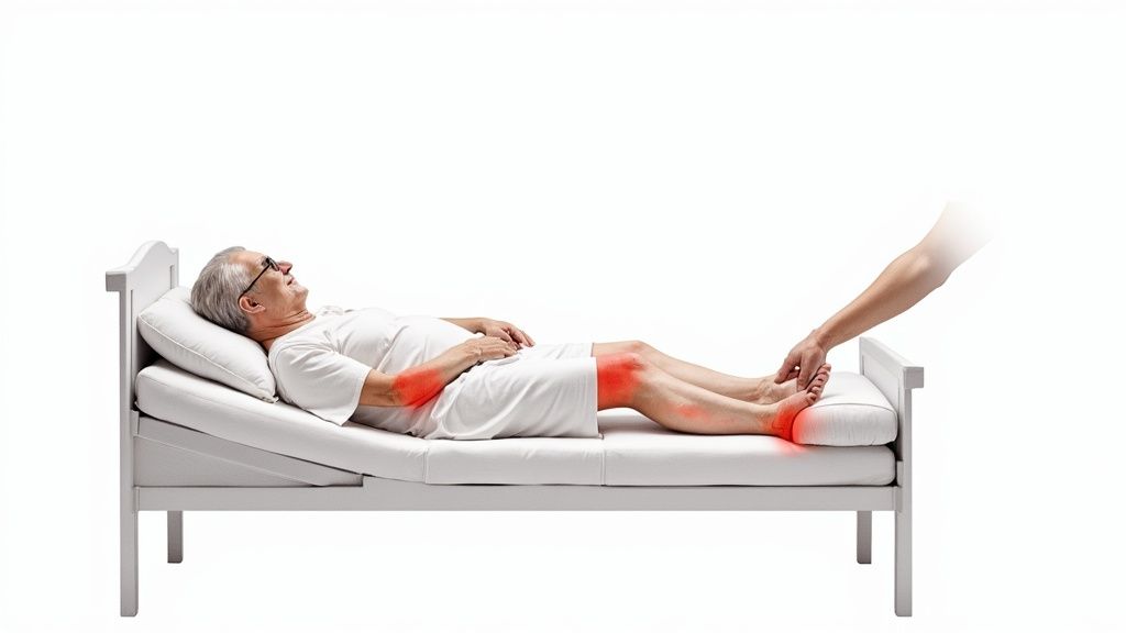 Elderly man with highlighted pain points on an adjustable bed, receiving foot care.