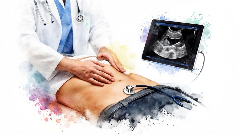 Doctor examining patient's abdomen with hands, while an ultrasound image is displayed on a tablet.