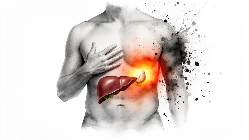 Illustration of a human torso experiencing sharp pain in the upper right abdomen, affecting the liver.