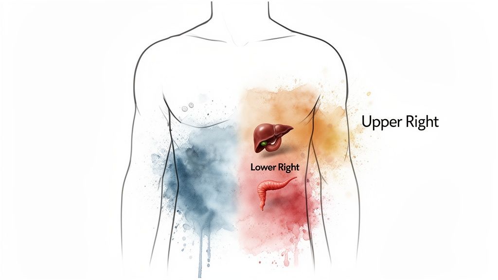 Anatomical illustration of human torso showing liver, gallbladder, and appendix in the right abdominal quadrants.