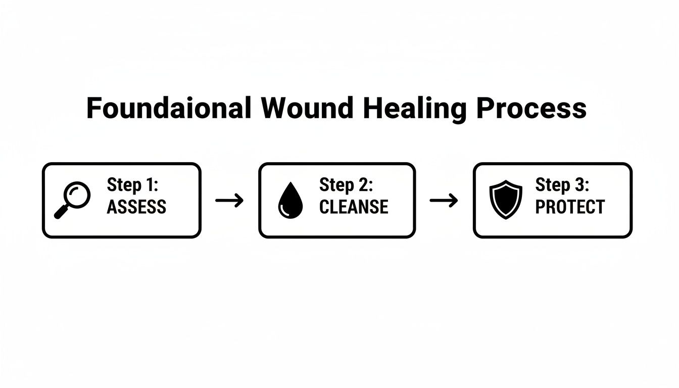 A diagram illustrating the foundational three-step wound healing process: assess with a magnifying glass, cleanse with a water drop, and protect with a shield.