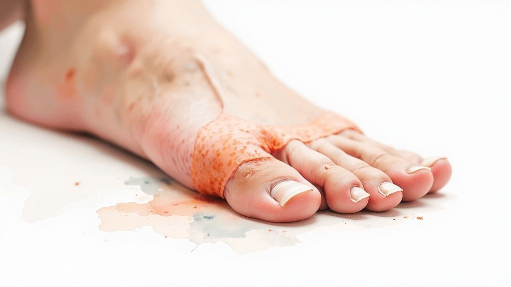 A human foot exhibits severe blistering and peeling skin on a white surface with fluid.