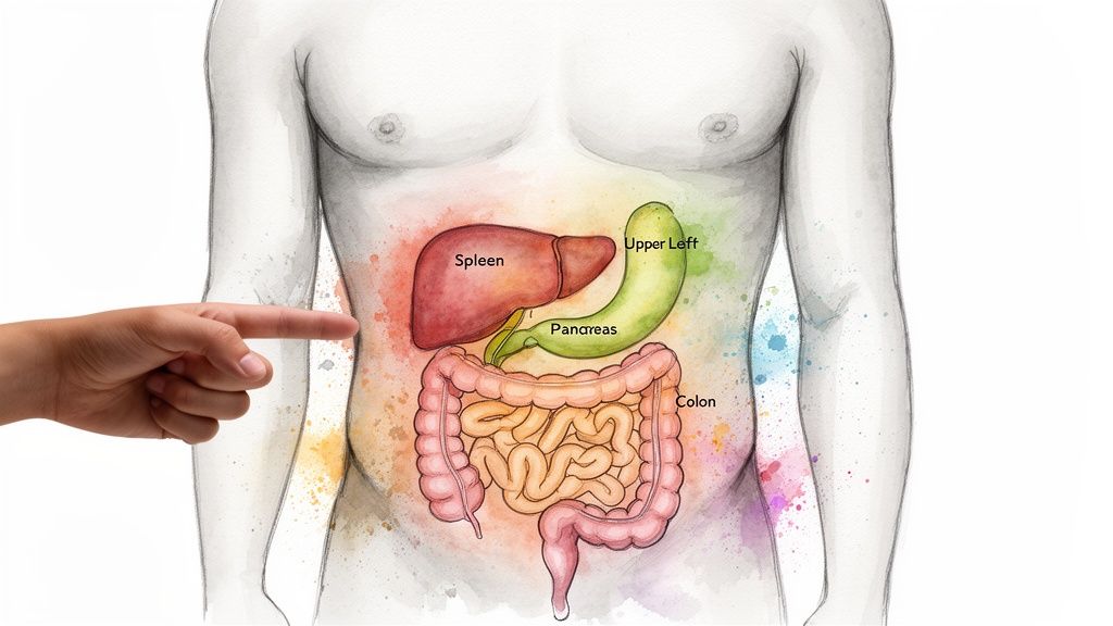 An anatomical illustration of human abdominal organs including the spleen, stomach, pancreas, and intestines.