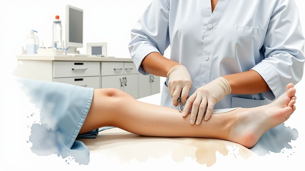 A medical professional in white coat and gloves performs a procedure on a patient's leg.