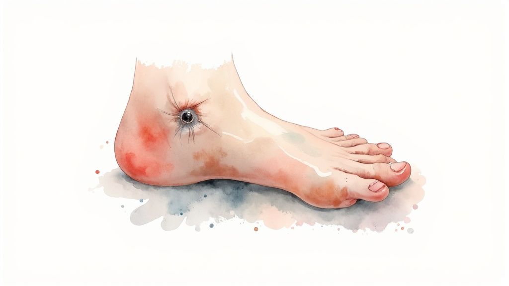 Watercolor illustration of a human foot with a dark, eye-like object embedded in the ankle, showing redness.