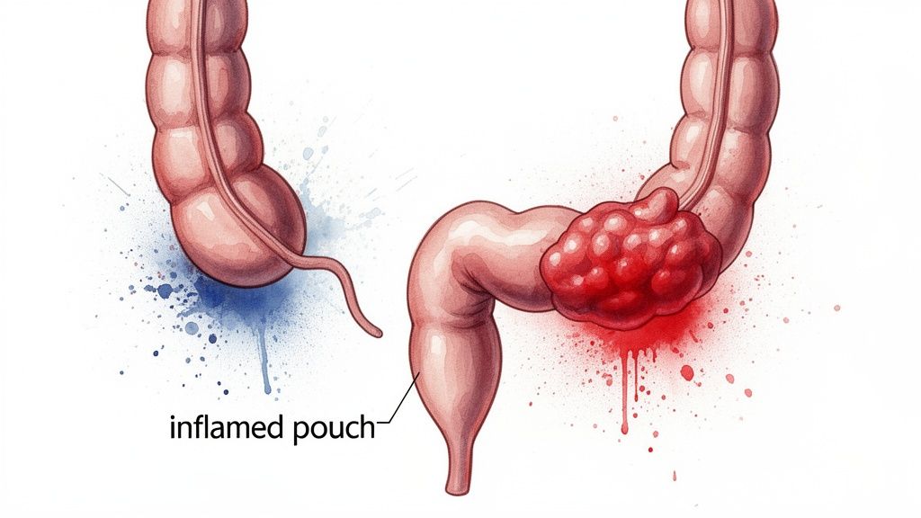 A medical illustration showing an inflamed diverticular pouch and a large colon tumor.